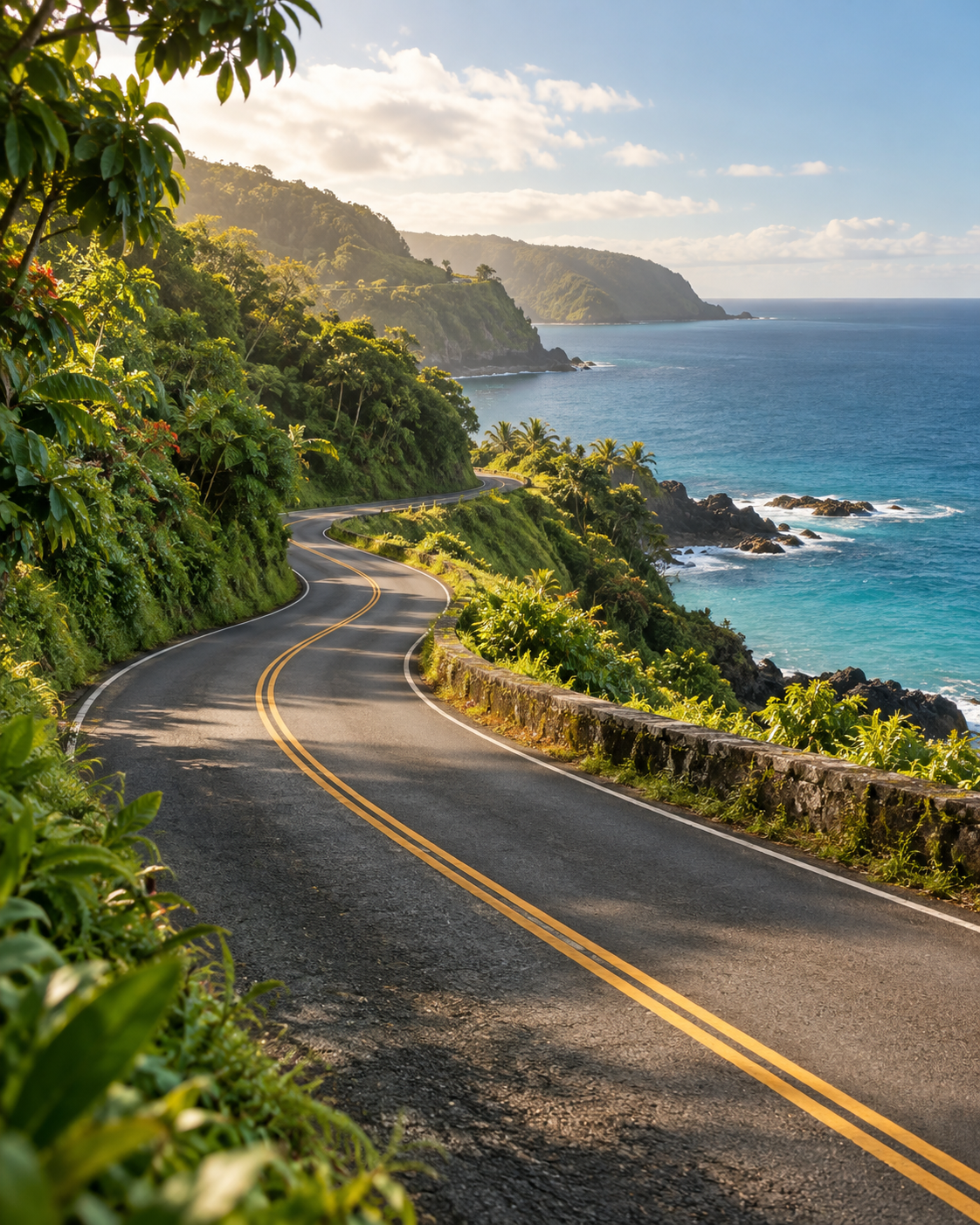 AI-generated illustration of a winding coastal road inspired by Hāna, with lush green slopes and blue ocean.